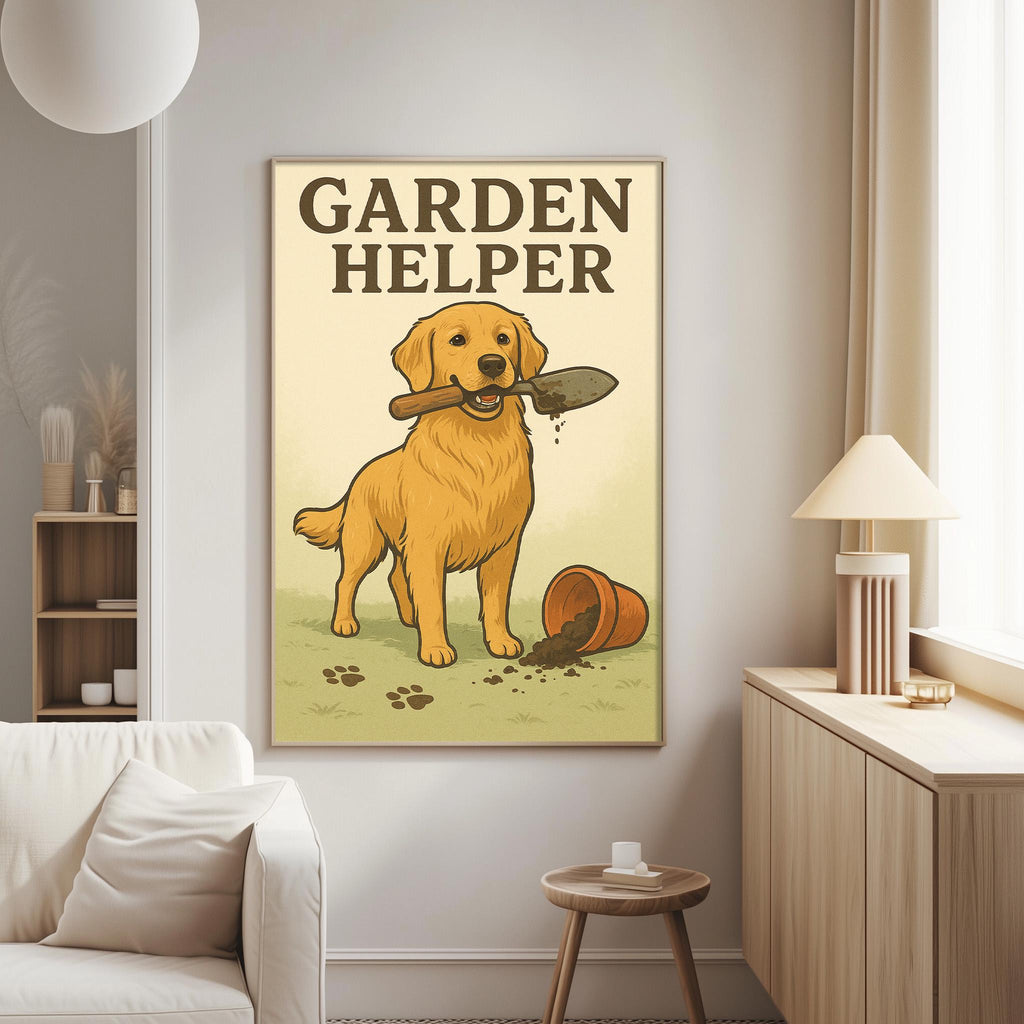 a poster of a dog holding a shovel in its mouth, with the text "GARDEN HELPER" above it.