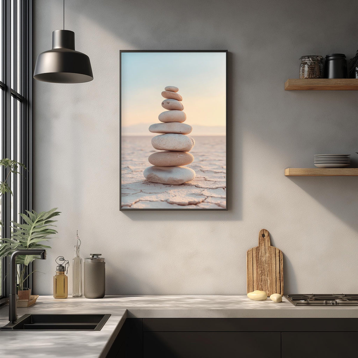 a kitchen counter with a framed photograph of a stack of stones on it, along with various kitchen items such as a cutting board, a soap dispenser, and a plant.