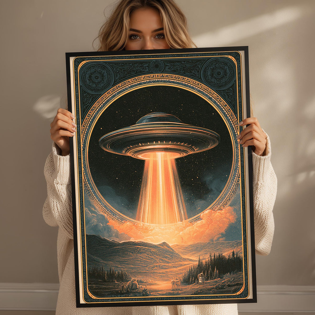A woman holds up a framed poster depicting an alien spacecraft hovering over a mountainous landscape, with a bright orange glow emanating from the spacecraft.