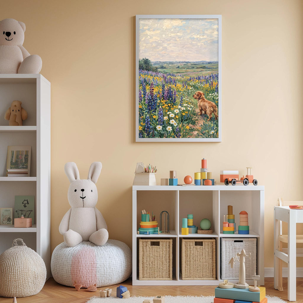 A cozy children's room with a large stuffed bunny, a toy train, and a bookshelf filled with toys and books. A framed painting of a field with flowers hangs on the wall, and a shelf holds various toys and storage containers.
