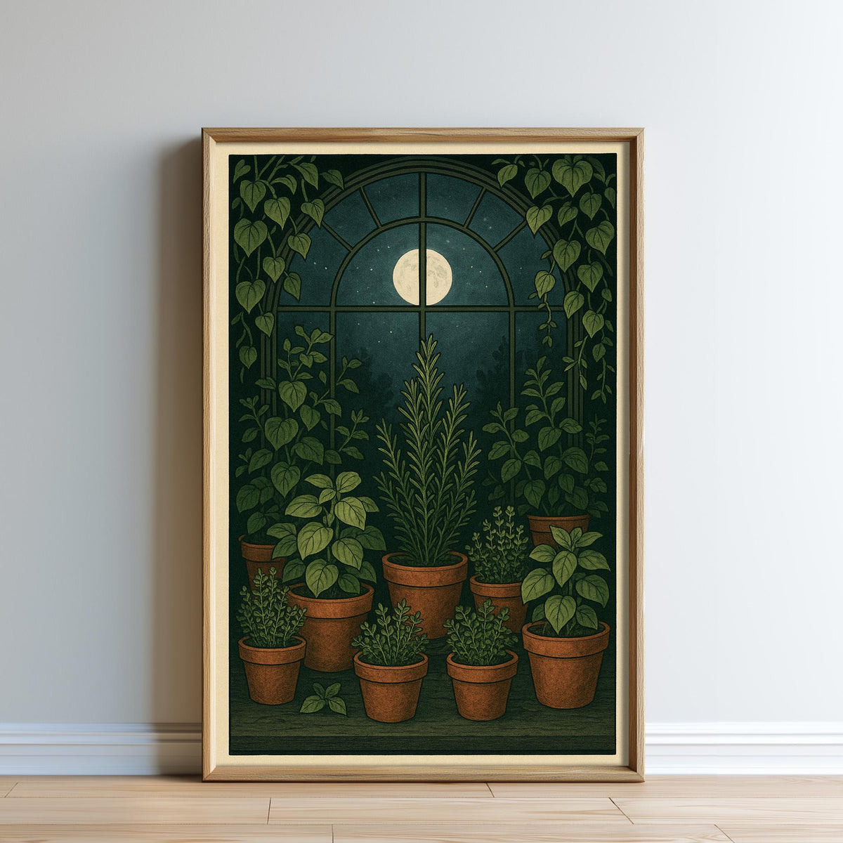 A framed illustration depicting a night scene with a full moon, plants in terracotta pots, and a window with a green plant.