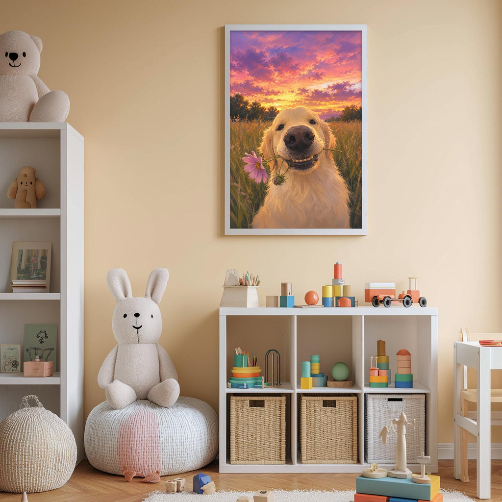 a cozy and colorful children's room with a large stuffed bunny, a framed picture of a dog, and various toys and storage bins.