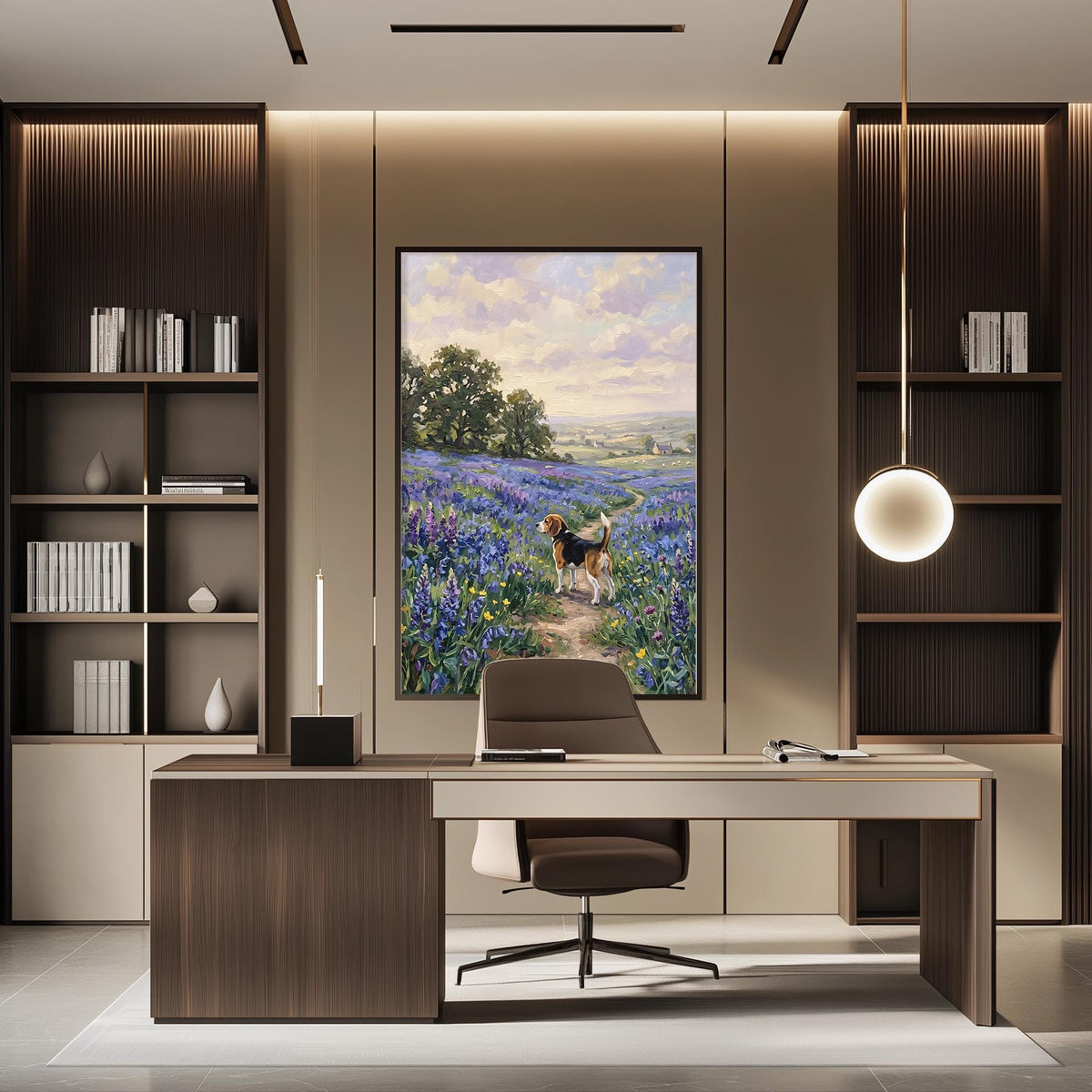 a serene and modern workspace with a large painting of a dog walking through a field of flowers hanging on the wall. The desk is positioned in front of the painting, and a comfortable chair is placed in front of it. The room also features built-in bookshelves and a pendant light, creating a cozy and stylish atmosphere.