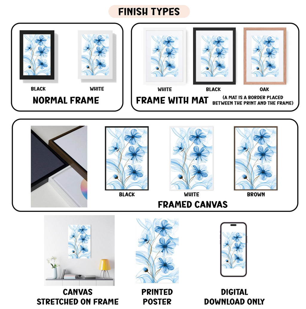 The image is a collection of various finish types for a framed artwork, including a normal frame, a frame with a mat, a black frame, a white frame, a black frame, a white frame with a mat, a brown framed canvas, a stretched canvas, a printed poster, and a digital download only.