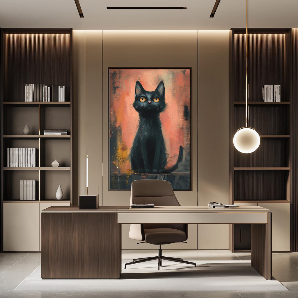 a modern office space with a large framed painting of a black cat on the wall. The office has a wooden desk, a chair, and a bookshelf filled with books. The overall design and decor create a stylish and professional atmosphere.