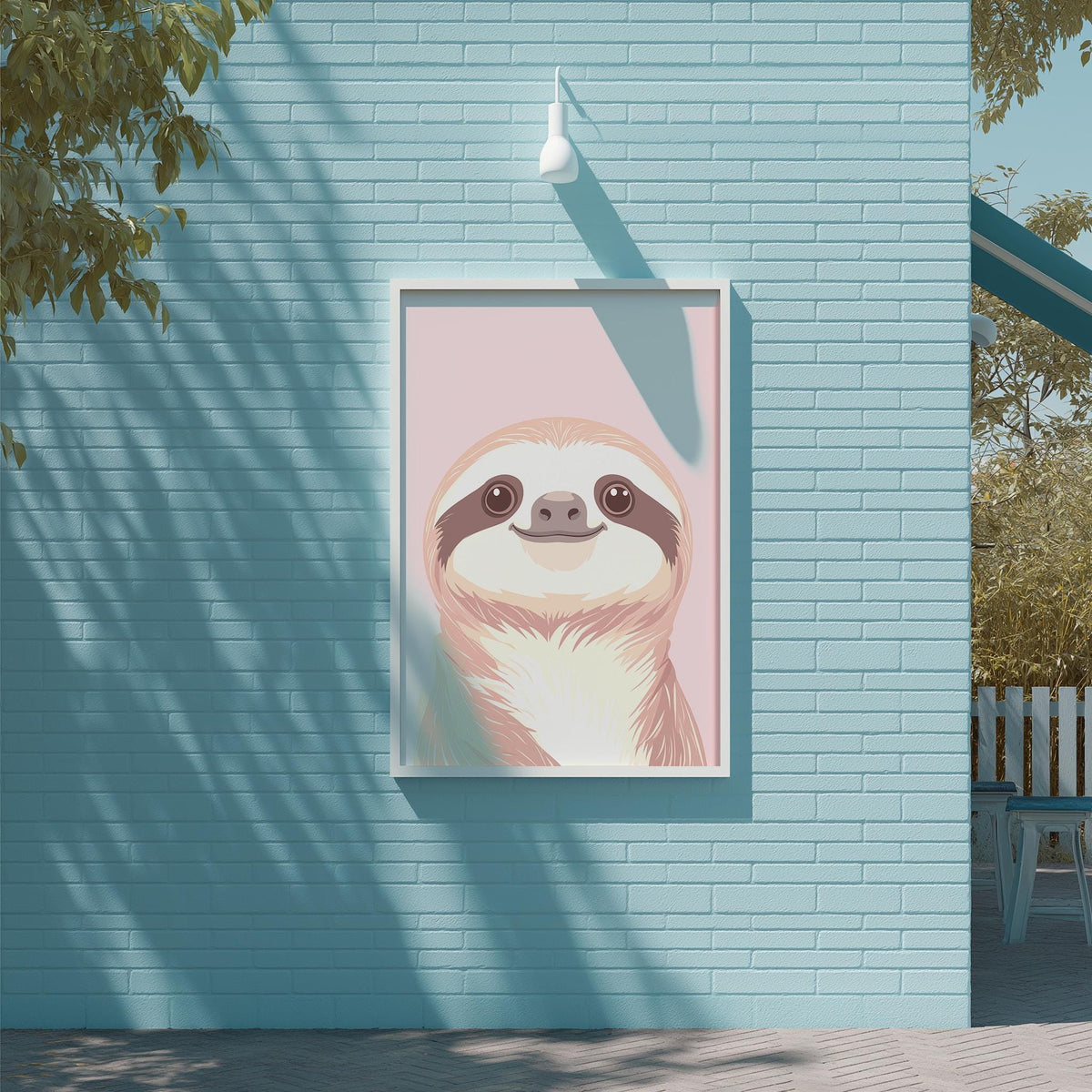 A framed illustration of a sloth is displayed on a light blue brick wall, with a white light fixture above it.