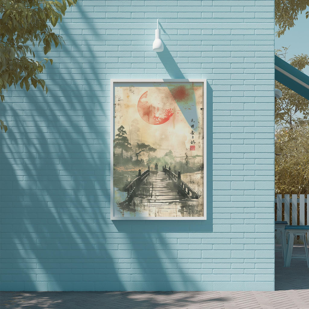 a blue brick wall with a framed painting of a bridge and trees hanging on it.