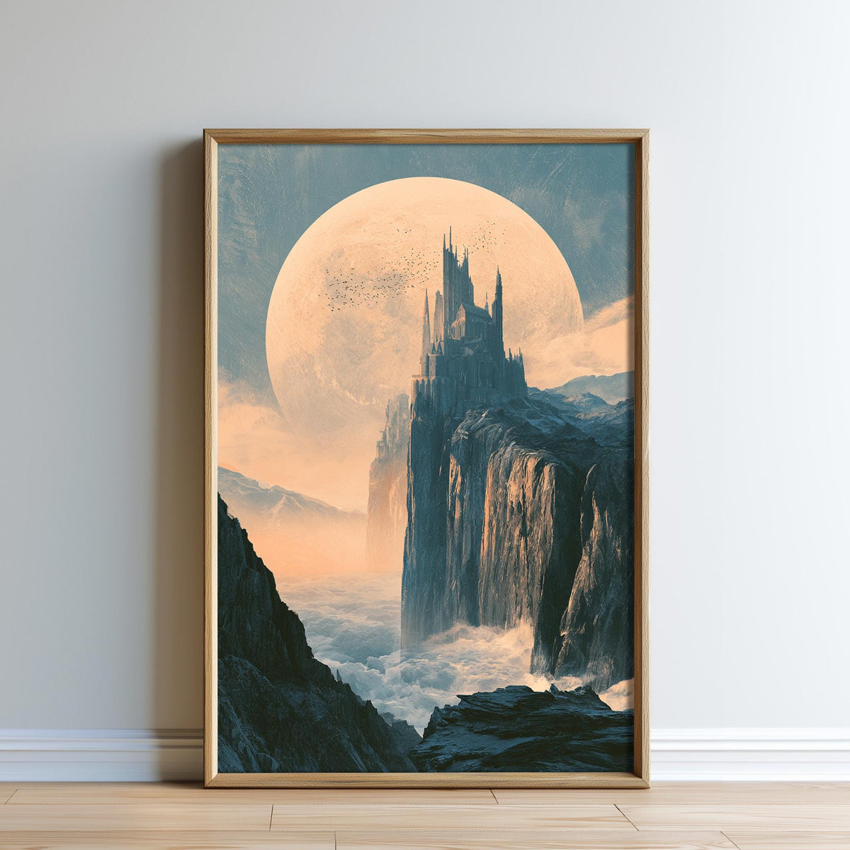 The image is a framed painting depicting a castle on a cliff, with a large moon in the background.