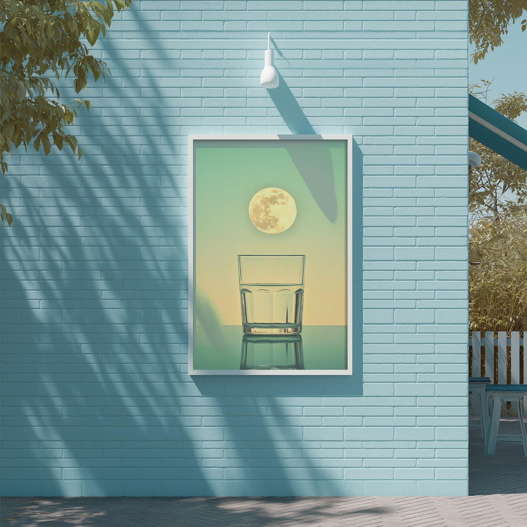 a glass of water with a full moon in the background, set against a blue brick wall.