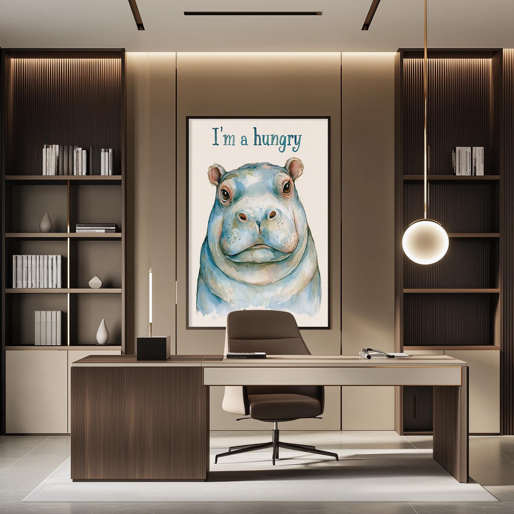 a modern office space with a large framed poster of a hippopotamus on the wall, a desk with a chair, and a bookshelf filled with books.