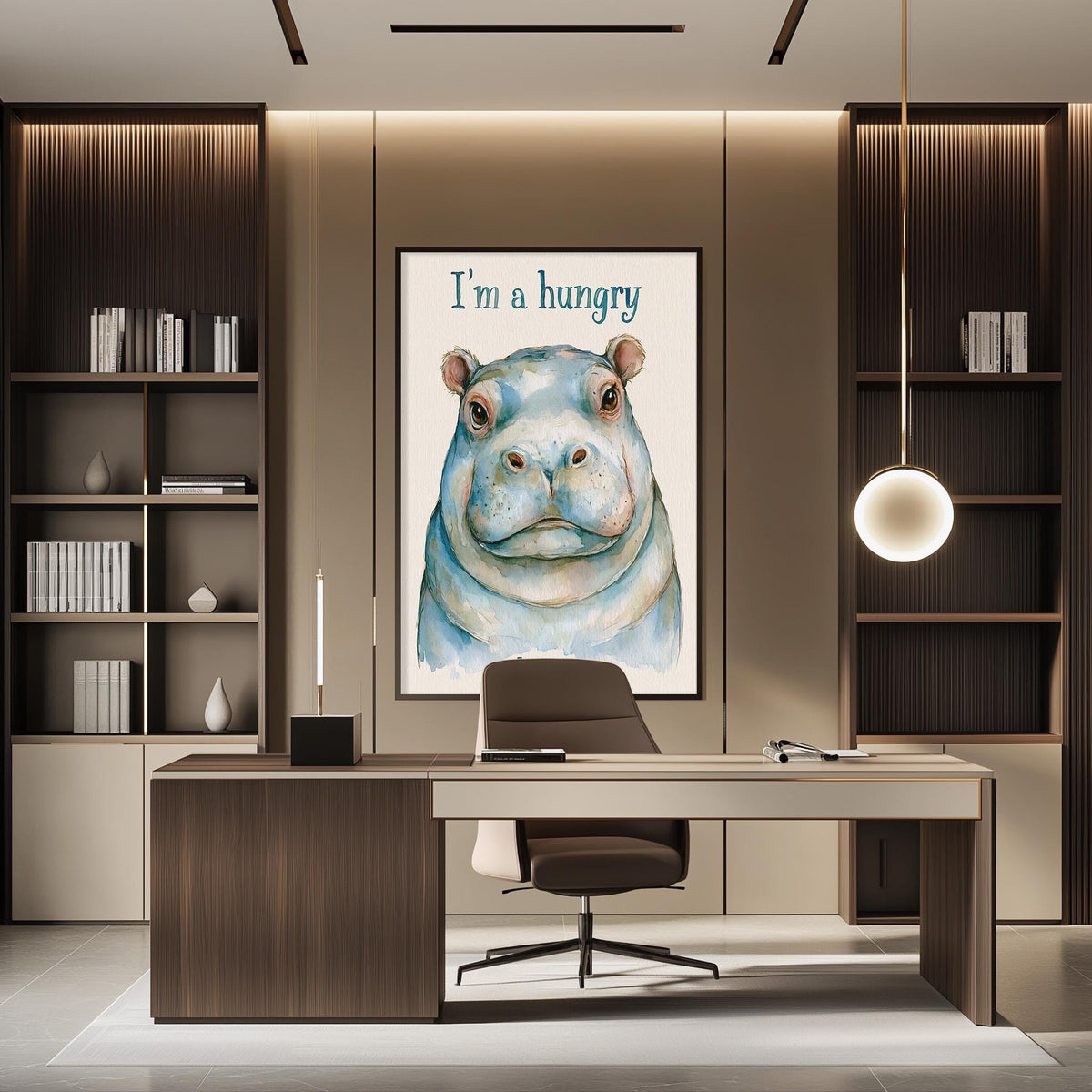 a modern office space with a large framed poster of a hippopotamus on the wall, a desk with a chair, and a bookshelf filled with books.