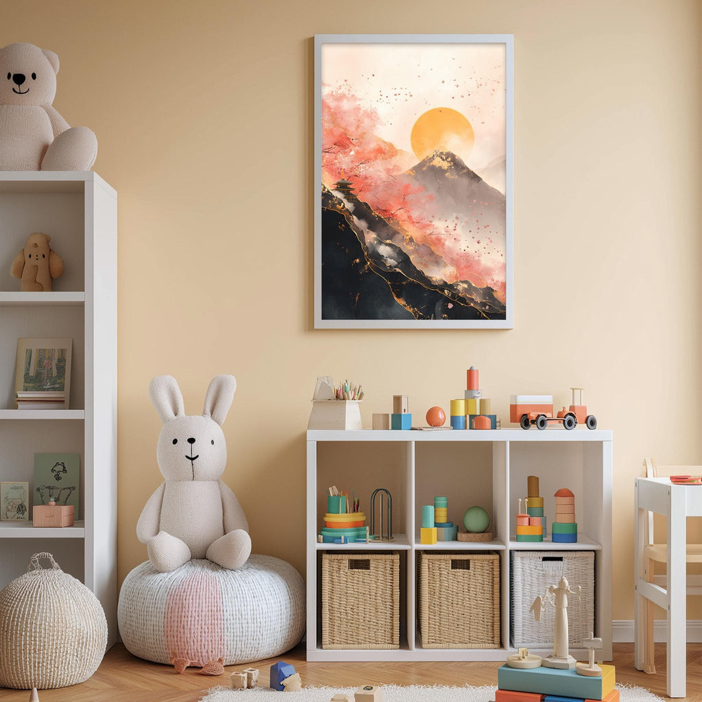 A cozy children's room with a large stuffed rabbit, a bookshelf filled with toys, and a framed landscape painting depicting a mountain with a sunset.