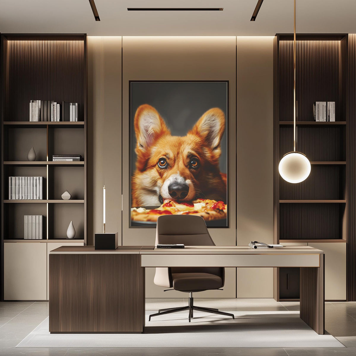 a modern office space with a large framed picture of a dog eating pizza on the wall. The office has a wooden desk, a chair, and a bookshelf. The overall design and decor create a comfortable and stylish workspace.
