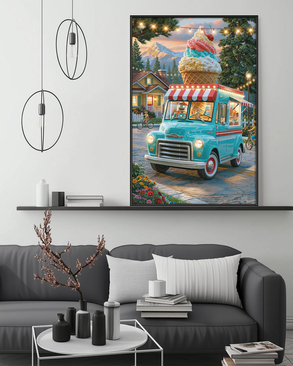 a cozy living room with a large framed painting of an ice cream truck parked on a street, surrounded by a colorful and whimsical scene.