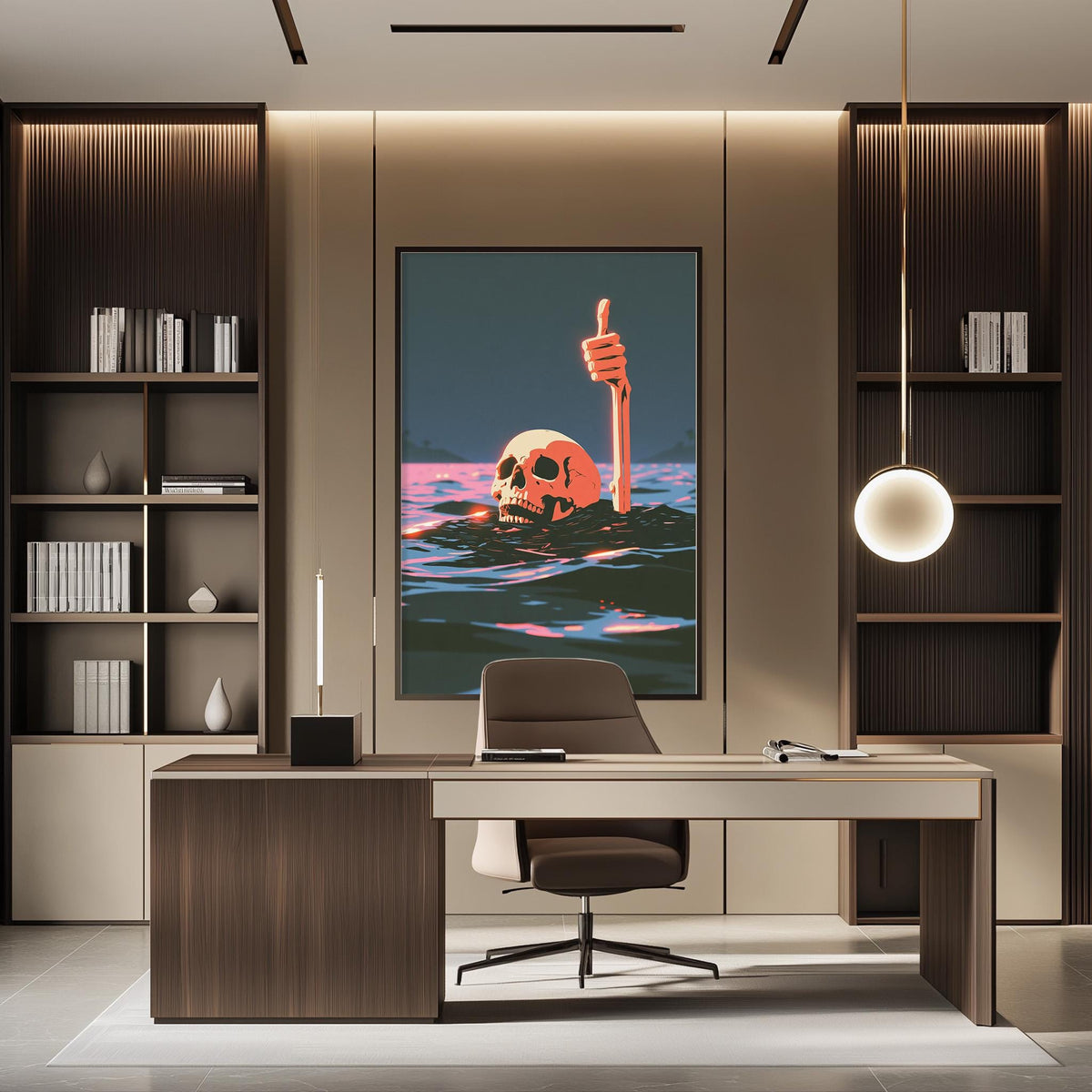 a modern office space with a large framed artwork depicting a skull submerged in water, accompanied by a hand gesture. The office has a wooden desk, a chair, and a bookshelf, creating a professional and minimalist atmosphere.