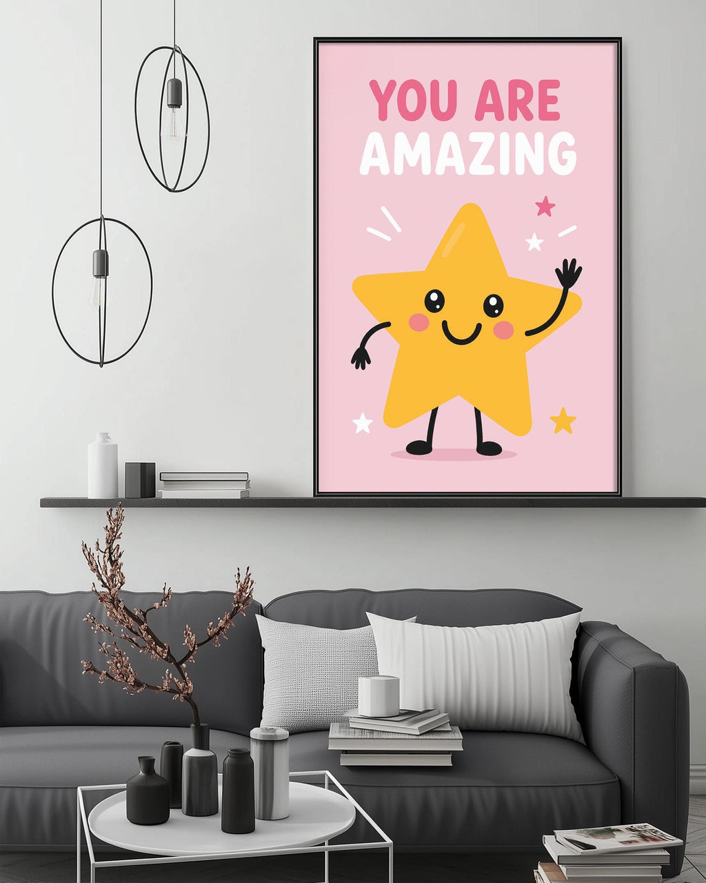 a cozy living room with a gray couch, a coffee table, and a framed poster with a cheerful cartoon star on the wall.