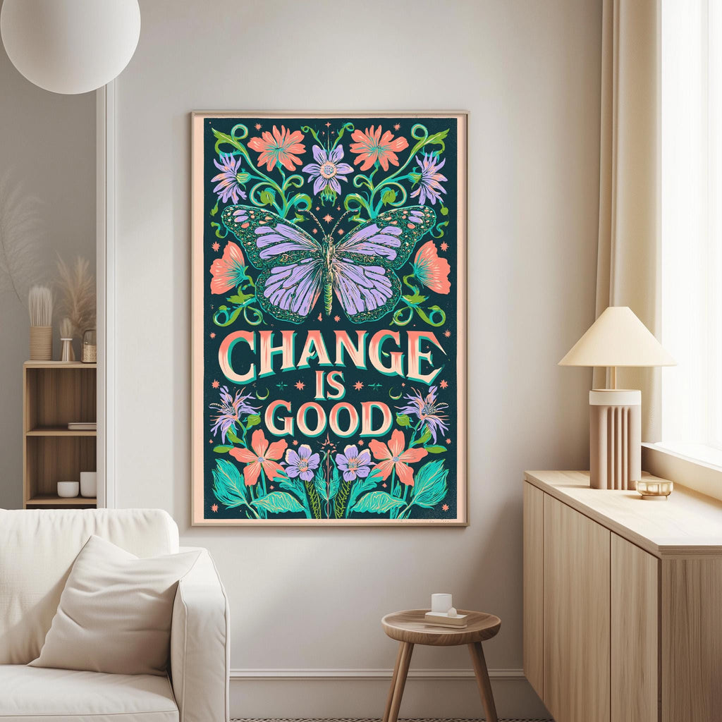 a large, colorful poster with a butterfly and flowers hanging on a wall in a living room.