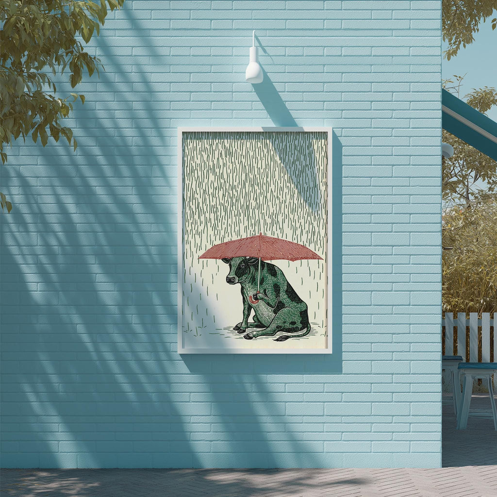 a green cow sitting under a red umbrella, with rain falling around it, on a blue wall.