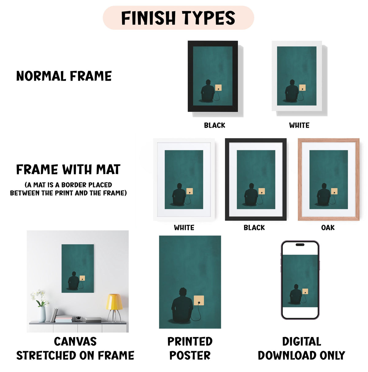 various types of artwork, including a normal frame, a frame with a mat, a white frame, a black frame, a white frame, a black frame, an oak frame, a canvas stretched on a frame, a printed poster, and a digital download only.