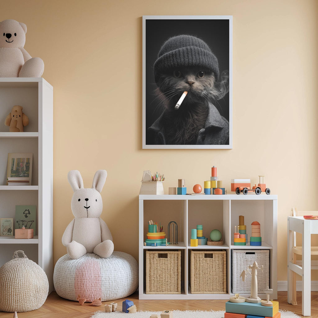 A cozy children's room with a white bookshelf, a stuffed rabbit, a toy train, and a framed black and white photo of a cat smoking a cigarette.