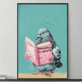 a large framed artwork depicting a pigeon holding a book titled "Pooping on people" and sitting on a wooden surface. The artwork is displayed above a gray couch in a living room setting.