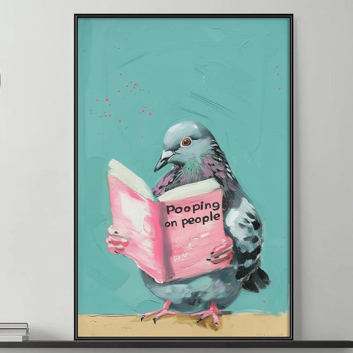 a large framed artwork depicting a pigeon holding a book titled "Pooping on people" and sitting on a wooden surface. The artwork is displayed above a gray couch in a living room setting.
