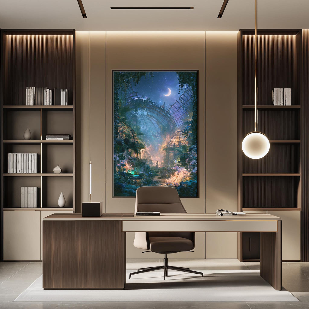 a modern and well-lit office space with a large, colorful painting of a fantastical landscape hanging on the wall. The office features a wooden desk, a comfortable chair, and a bookshelf filled with books. The overall design and decor create a serene and inspiring atmosphere.