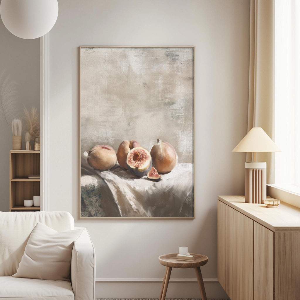 a cozy living room with a large painting of fruit hanging on the wall.