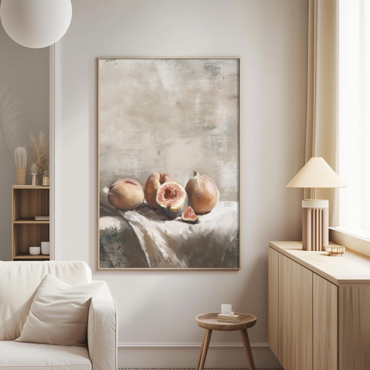 a cozy living room with a large painting of fruit hanging on the wall.