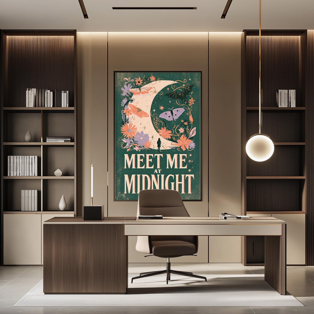 a modern office space with a desk, chair, and bookshelves. A large poster with a crescent moon and floral design hangs on the wall above the desk.