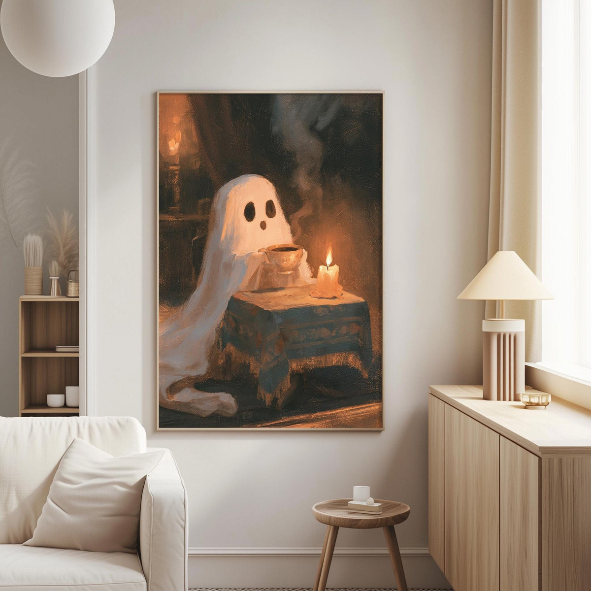 a cozy living room with a white couch, a wooden side table, and a framed painting of a ghost sitting at a table with a lit candle.