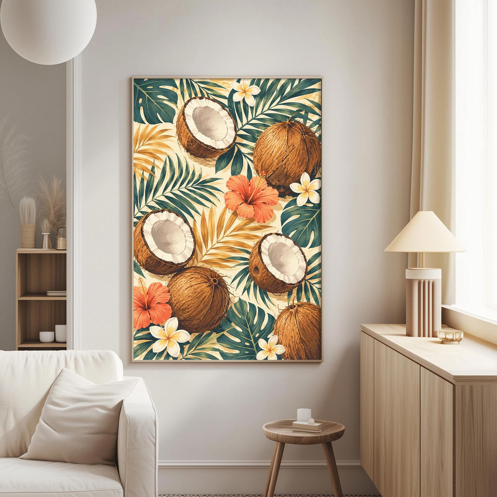 a living room with a large painting of tropical fruits hanging on the wall.