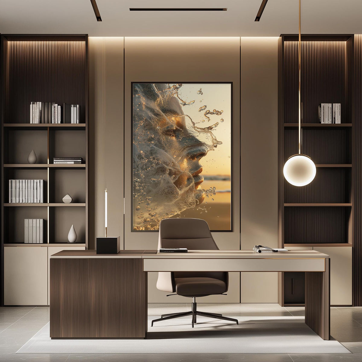a modern and stylish office space with a large framed artwork of a face on the wall, a wooden desk with a chair, and built-in bookshelves.