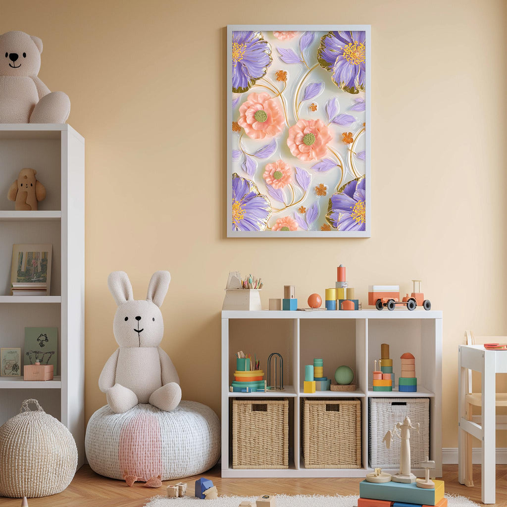 A cozy and colorful children's bedroom with a large floral print on the wall, a white bookshelf filled with toys, and a plush rabbit sitting on a bean bag chair.