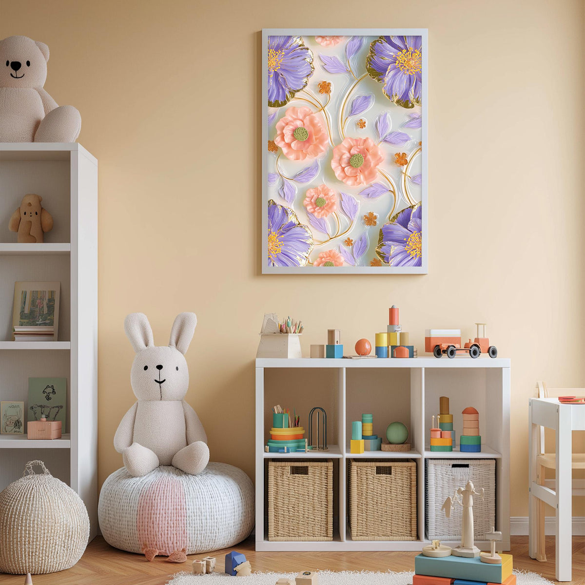 A cozy and colorful children's bedroom with a large floral print on the wall, a white bookshelf filled with toys, and a plush rabbit sitting on a bean bag chair.