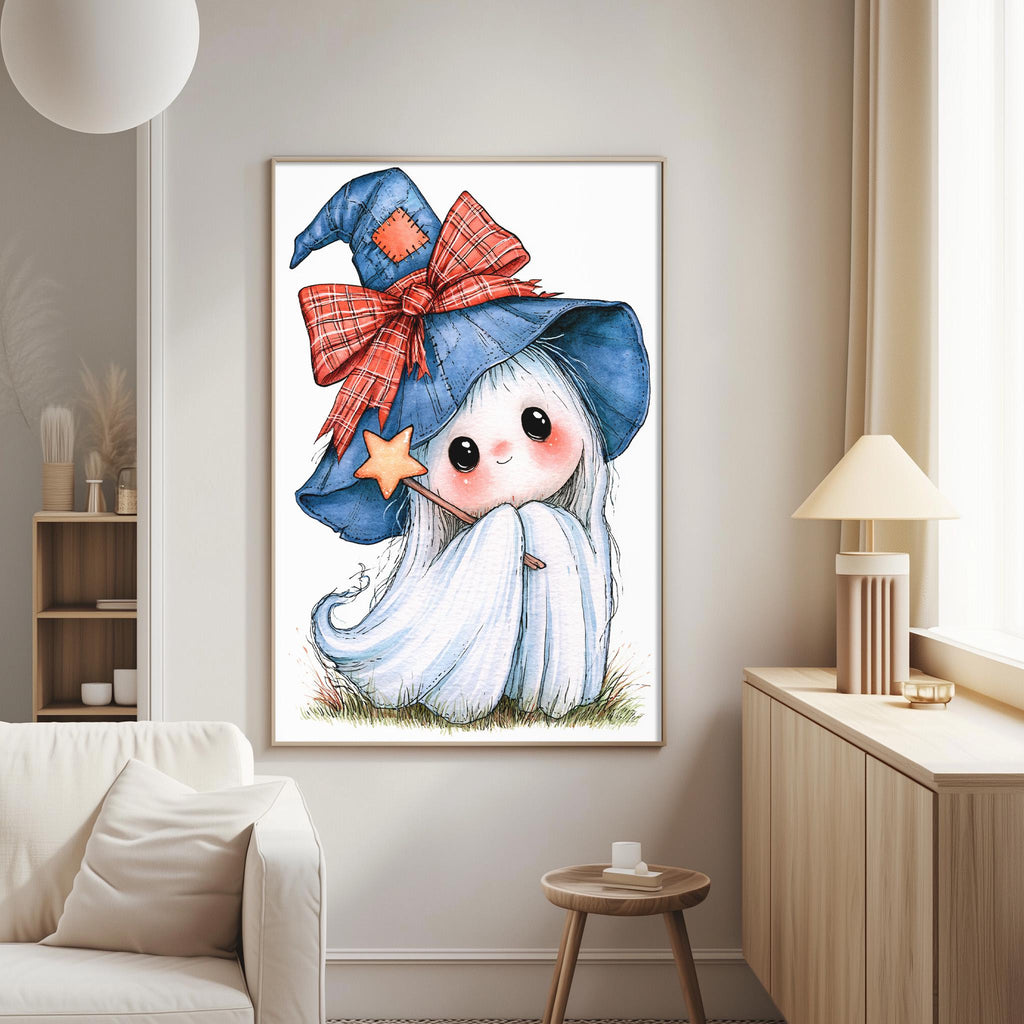 a cozy living room with a white couch, a wooden side table, and a lamp. A framed illustration of a whimsical ghost wearing a blue witch's hat with a red bow and a star is displayed on the wall.