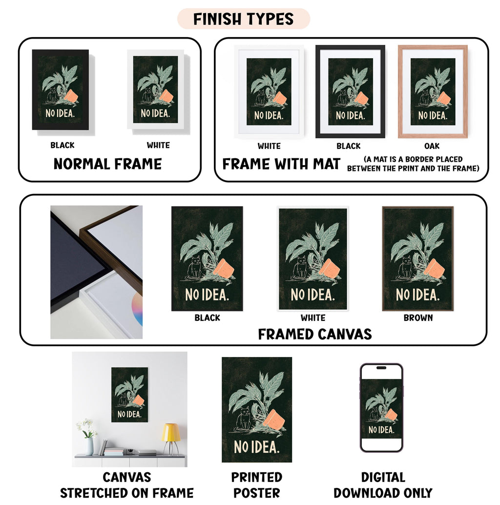 various types of artwork, including canvas prints, framed canvases, and digital prints, all featuring the same design with the phrase "No Idea" and a palm tree.