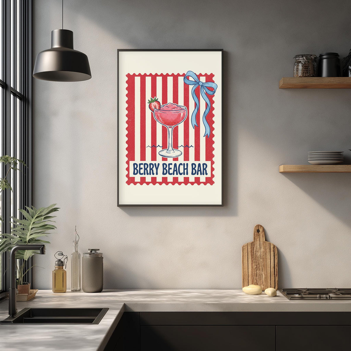 a framed poster of a berry-themed cocktail on a wall, with a wooden cutting board and other kitchen items below it.