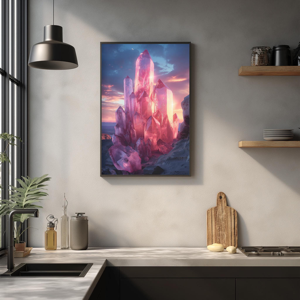 a large, colorful painting of a crystal formation hanging on a wall in a modern kitchen.