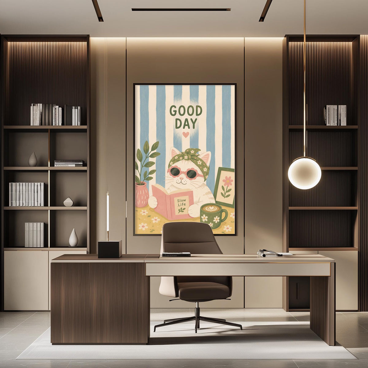 a modern office space with a large framed poster of a cat reading a book, a wooden desk, and a chair.