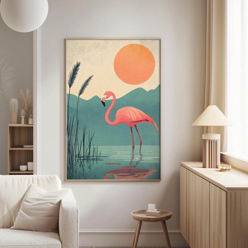 a large framed painting of a pink flamingo standing in a body of water, with a large orange sun in the background.