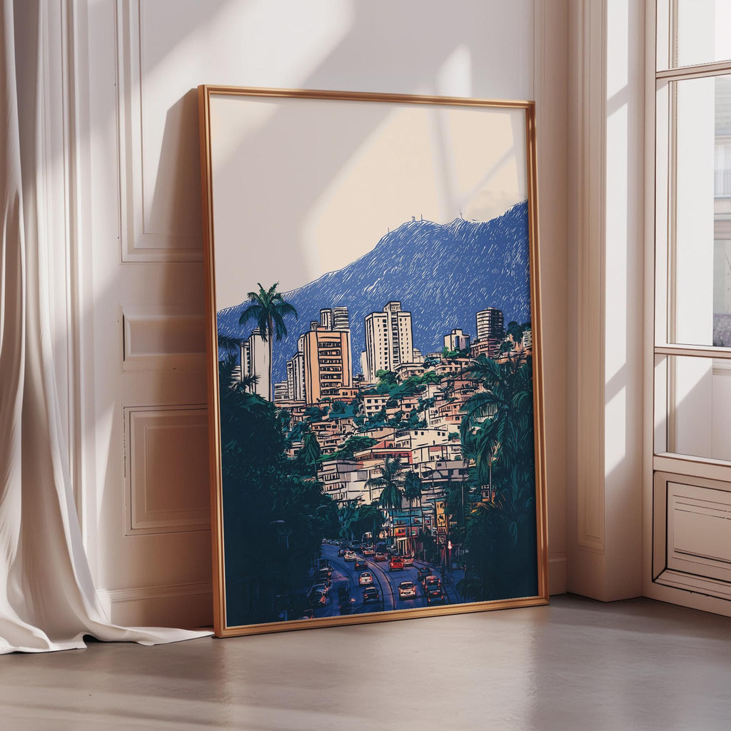 a large framed picture of a cityscape with tall buildings, palm trees, and a mountain in the background.