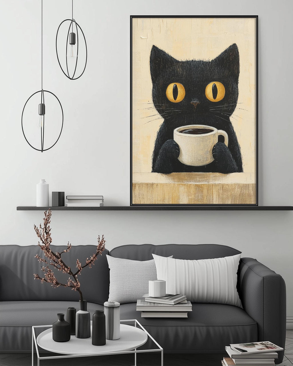 a black cat sitting on a shelf, holding a cup of coffee, with a large framed picture of the cat above a gray couch in a living room setting.