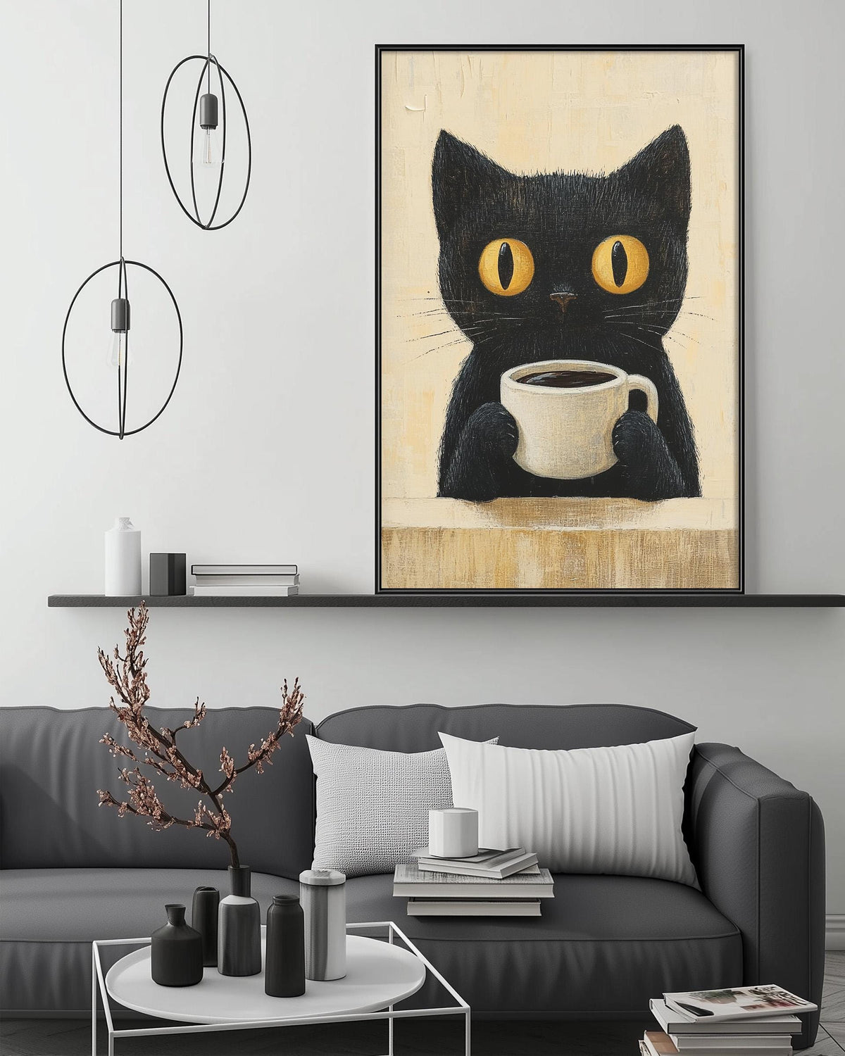 a black cat sitting on a shelf, holding a cup of coffee, with a large framed picture of the cat above a gray couch in a living room setting.