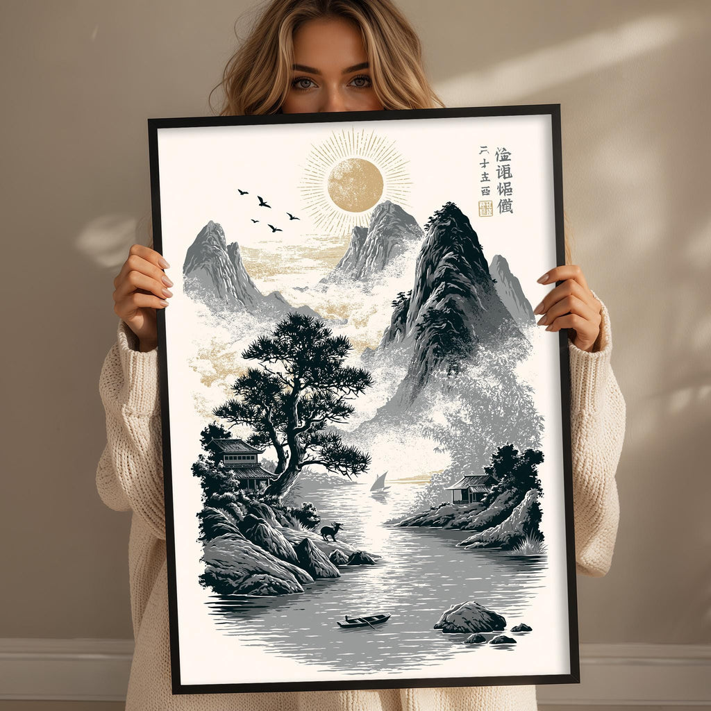A woman holds up a framed print depicting a serene landscape with mountains, trees, and a river.