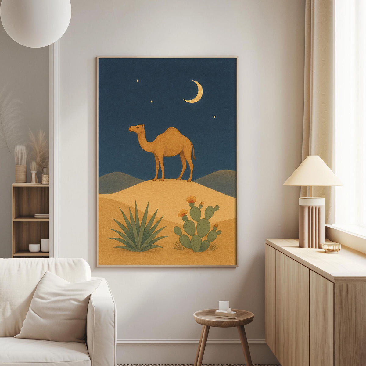 a camel standing on a desert hill under a night sky with a crescent moon and stars.