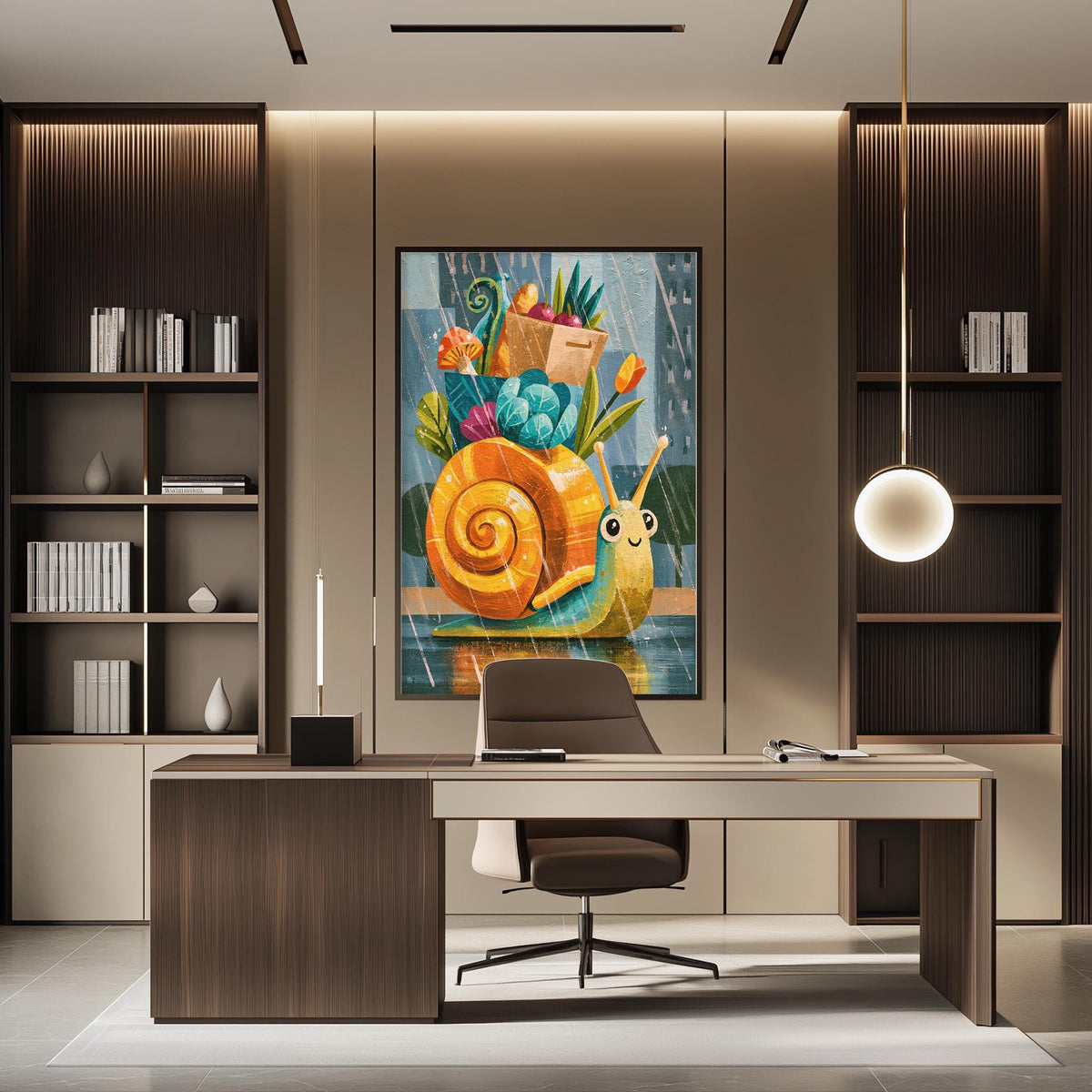 a modern office space with a large painting of a snail on the wall. The office has a wooden desk, a chair, and a bookshelf. The overall design and decor create a contemporary and stylish atmosphere.