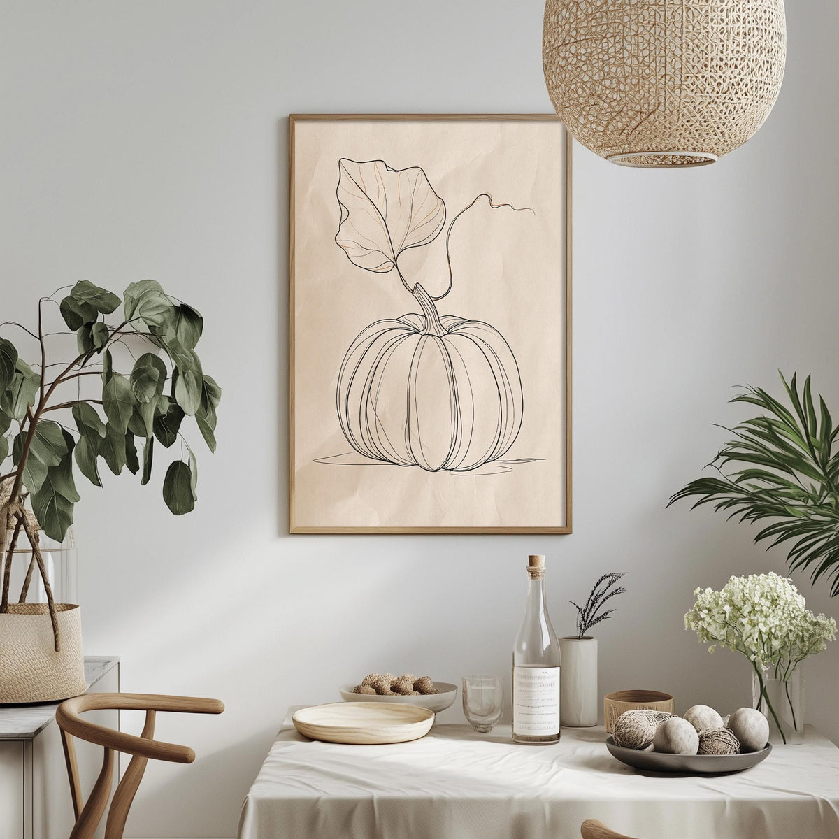 a dining table with a white tablecloth, a bowl of fruit, a bottle, and a vase with flowers. Above the table, there is a framed drawing of a pumpkin on a light brown background.