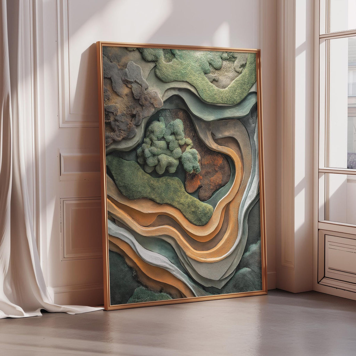 a large, abstract painting with a vibrant mix of green, orange, and brown colors, creating a dynamic and visually striking composition.