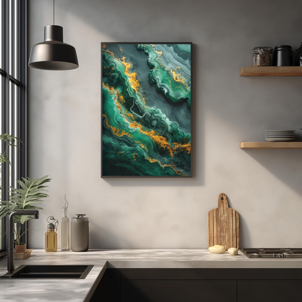 a modern kitchen with a large abstract painting hanging on the wall above a wooden cutting board and other kitchen items.